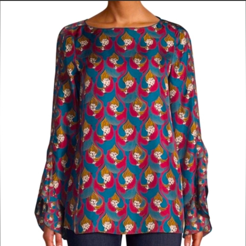 Lafayette 148 Silk Emory Deco Blouse Print Ruffle Medium